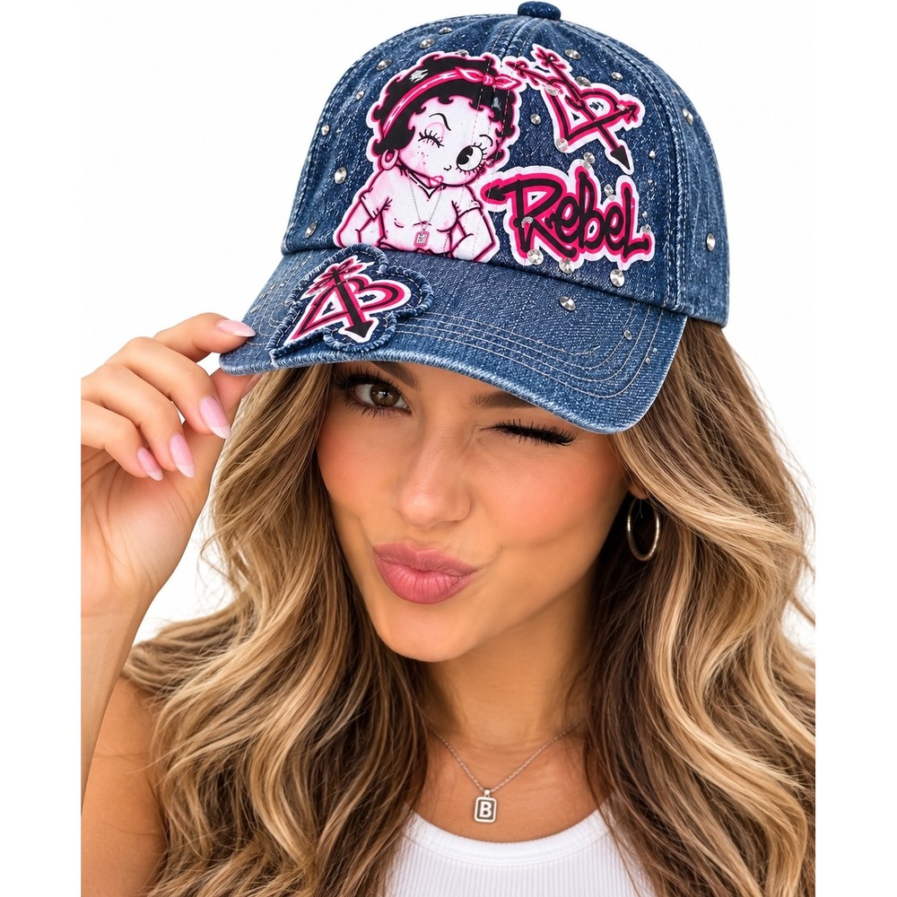 BETTY BOOP H3 HEADWEAR Denim Rhinestone Rebel Baseball Cap Hat NWT